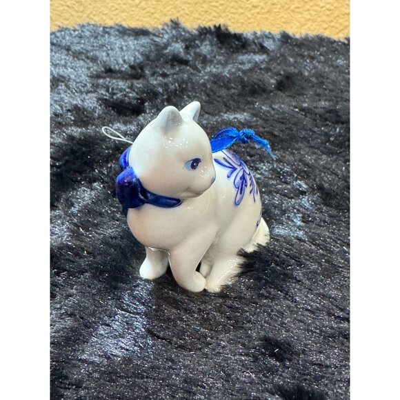 Ceramic Cat Figurine Ornament With Blue Floral Design & Ribbon - Picture 4 of 7